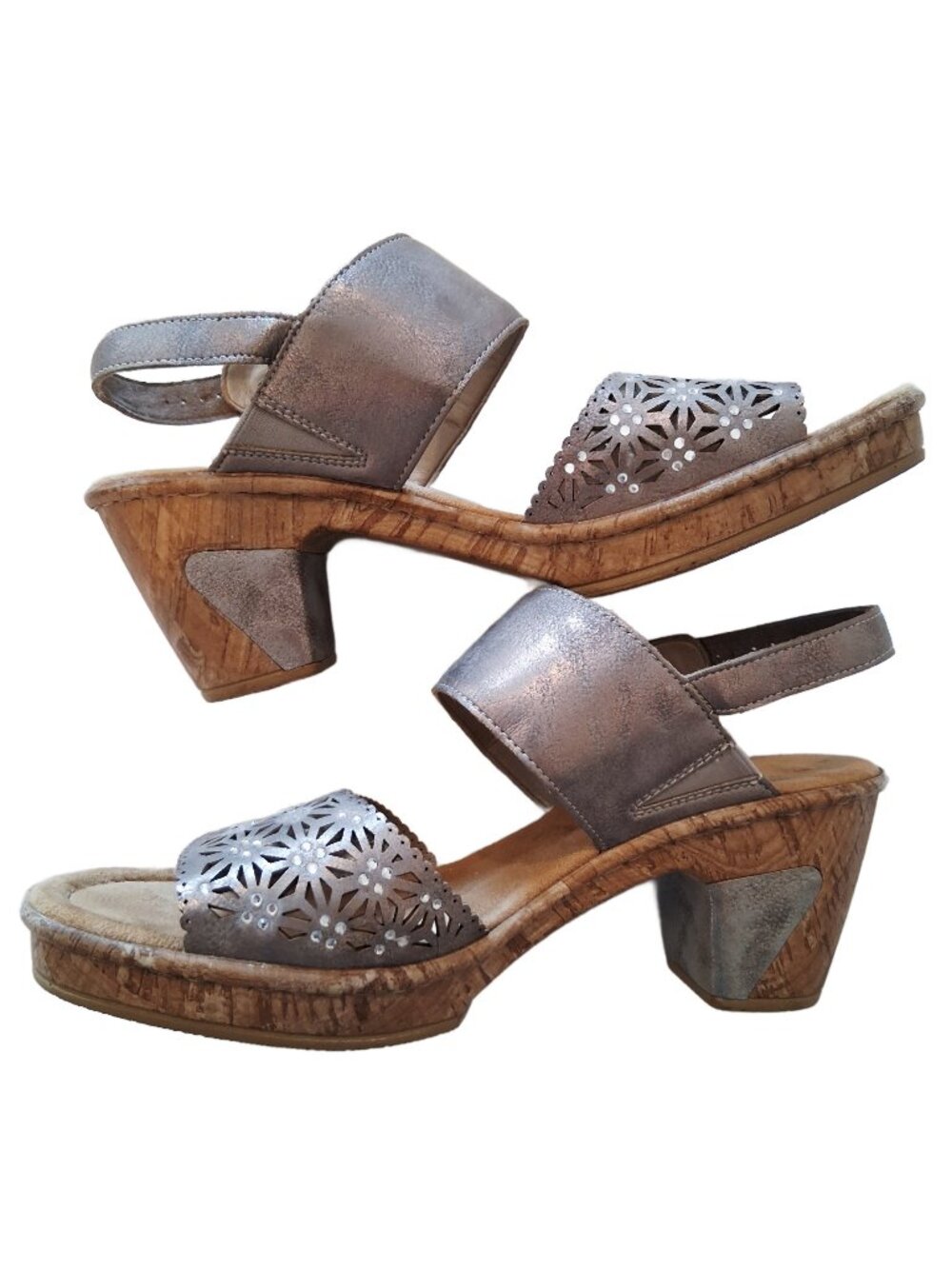 Rieker Pewter w' Rhinestones Faux Leather Slingback 2.5" Heel Sandals 39 - 8